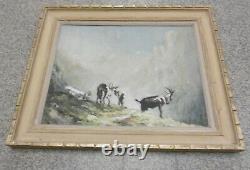 Peinture Huile Signée Paysage De Montagne Troupeau De Chevres