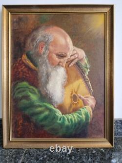 Peinture Huile Sur Bois Vieil Homme Joueur De Mandoline