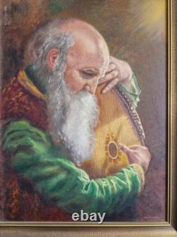 Peinture Huile Sur Bois Vieil Homme Joueur De Mandoline