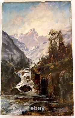 Peinture Huile sur bois Torrent de montagne old painting mountain landscape