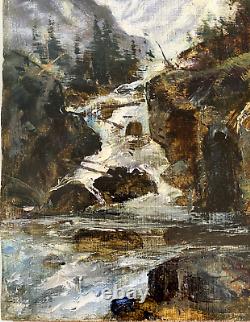 Peinture Huile sur bois Torrent de montagne old painting mountain landscape