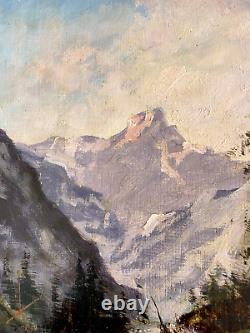 Peinture Huile sur bois Torrent de montagne old painting mountain landscape