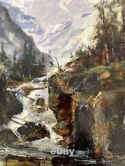 Peinture Huile sur bois Torrent de montagne old painting mountain landscape