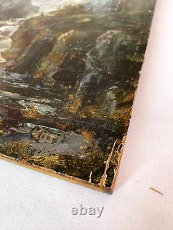 Peinture Huile sur bois Torrent de montagne old painting mountain landscape
