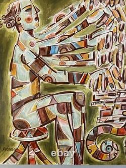 Peinture Huile sur panneau bois Homme Portrait 1960 Piano Orgue Painting Musique