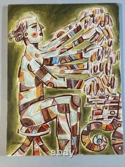 Peinture Huile sur panneau bois Homme Portrait 1960 Piano Orgue Painting Musique
