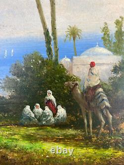 Peinture Orientaliste Ancienne Huile Sur Panneau Bois Mosquée Bord De Mer