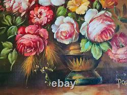 Peinture XXème Vase et bouquet de fleurs huile sur panneau en fibres de bois