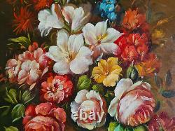 Peinture XXème Vase et bouquet de fleurs huile sur panneau en fibres de bois