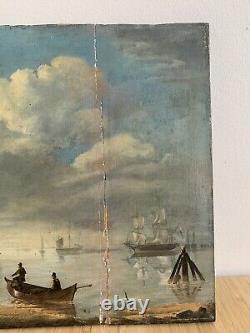 Peinture à l'huile sur bois Ecole hollandaise XVIIeme marine navire