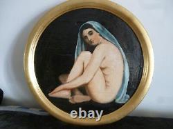 Peinture à l'huile sur bois encadré circulaire (tondo) nu dans le style d'Ingres