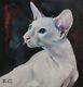 Peinture à L'huile Sur Panneau De Bois Portrait D'un Chat Oriental Blanc