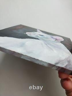 Peinture à l'huile sur panneau de bois Portrait d'un chat oriental blanc