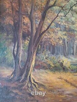 Peinture à l'huile sur toile, sous-bois 116 x 66 cm. Signé R. Pol