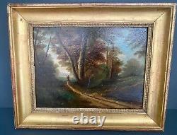 Peinture ancienne paysage sous bois cadre doré fin XIX ème 19 ème