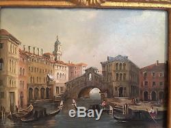 Peinture d'époque XIXe Vue de Venise Cadre à colonnes torsadées