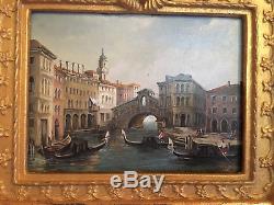 Peinture d'époque XIXe Vue de Venise Cadre à colonnes torsadées