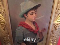 Peinture d'époque XIXe signée Jeune homme à la cigarette Beau cadre d'époque