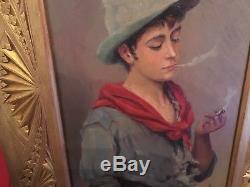 Peinture d'époque XIXe signée Jeune homme à la cigarette Beau cadre d'époque