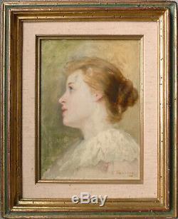 Peinture de Joséphine HOUSSAY (1840-1914) sur panneau portrait de femme