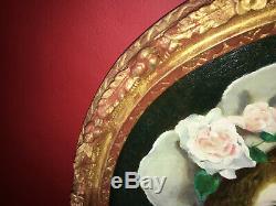 Peinture du XIXe Portrait de petite fille au chien Medaillon en bois doré