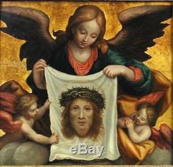 Peinture du XVIe Siècle. Huile Sur Bois. Les Anges portant Le Voile du Christ