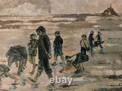 Peinture huile 1950 panneau Bois Signé Pêcheur Coquillages Mont Saint Michel Art