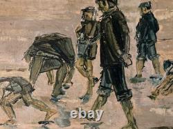 Peinture huile 1950 panneau Bois Signé Pêcheur Coquillages Mont Saint Michel Art