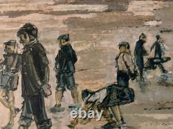 Peinture huile 1950 panneau Bois Signé Pêcheur Coquillages Mont Saint Michel Art