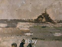 Peinture huile 1950 panneau Bois Signé Pêcheur Coquillages Mont Saint Michel Art