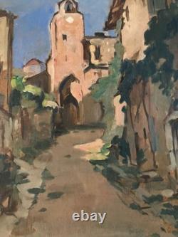 Peinture huile panneau 1950 paysage post impressionniste Bruniquel Painting Bois