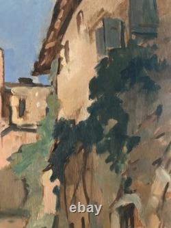 Peinture huile panneau 1950 paysage post impressionniste Bruniquel Painting Bois