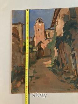 Peinture huile panneau 1950 paysage post impressionniste Bruniquel Painting Bois