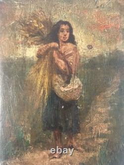 Peinture huile panneau bois portrait impressionniste femme À La Gerbe De Blé Art