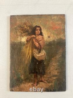 Peinture huile panneau bois portrait impressionniste femme À La Gerbe De Blé Art
