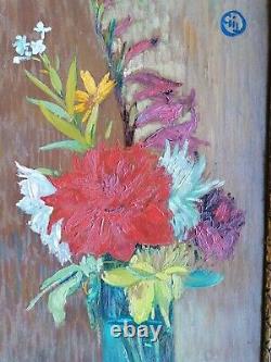 Peinture huile sur Panneau de Bois, bouquet de fleurs