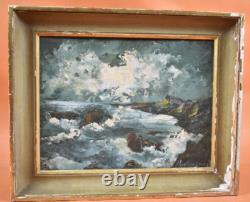 Peinture huile sur bois XXème Côte Tempête Mer agitée Bouyéron Marcel