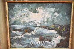 Peinture huile sur bois XXème Côte Tempête Mer agitée Bouyéron Marcel