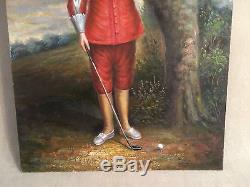 Peinture / huile sur panneau bois Jeune homme au golf
