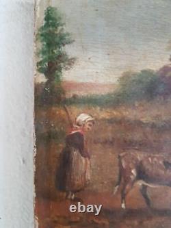Peinture signée. Tableau Signé Paysanne et Vaches 19èmes sur panneau bois