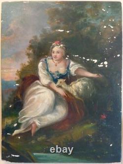 Peinture sur panneau de bois 19e siècle Bergère et mouton A RESTAURER