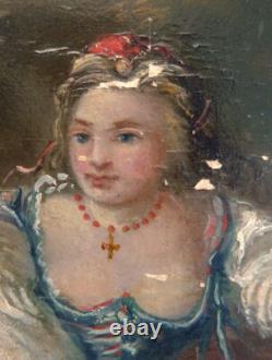 Peinture sur panneau de bois 19e siècle Bergère et mouton A RESTAURER