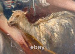 Peinture sur panneau de bois 19e siècle Bergère et mouton A RESTAURER