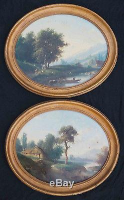Pendant de tableaux Paysage animé XIX° Montagne et rivière signé Legrand Tondo
