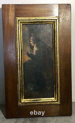 Petit portrait de vieille femme devant sa cheminée Ecole de Goya huile sur bois