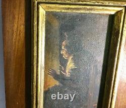 Petit portrait de vieille femme devant sa cheminée Ecole de Goya huile sur bois