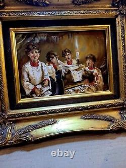 Petit tableau peinture sur bois a l huile la leçon de chant signé simon