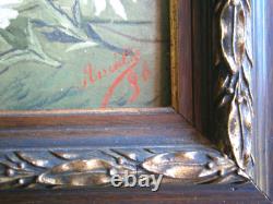 Petite Peinture 1F Huile sur panneau 1896 décor Fleurs Cadre Bois doré Ancien