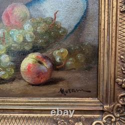 Pierre Morain Nature morte fruits & vase Huile sur bois encadrée 24×18,5 cm