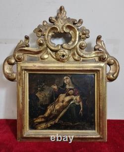 Pietà. Huile Sur Cuivre. Cadre D'époque En Bois Sculpté Et Doré. Espagne. Xviie
